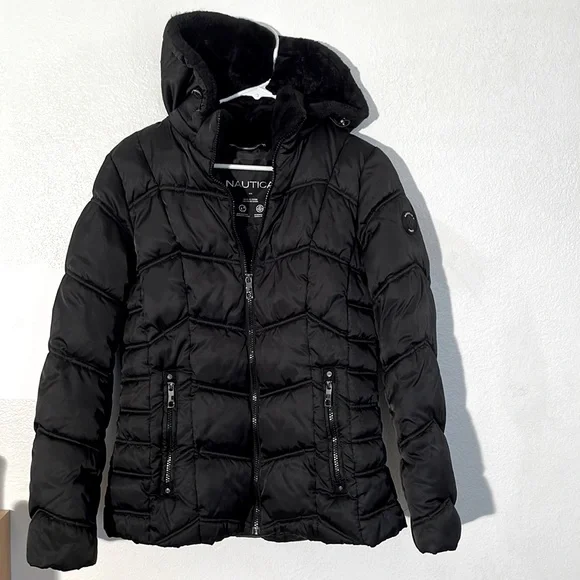 Nautica Black Puffer Jacket, Water Resistant, Size Medium, Like New - Picture 2 of 14